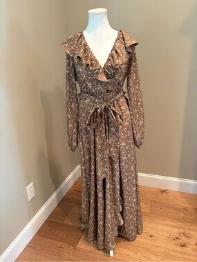 In Bloom Brown Floral Ruffle Wrap Maxi Dress Small Polyester Lined
